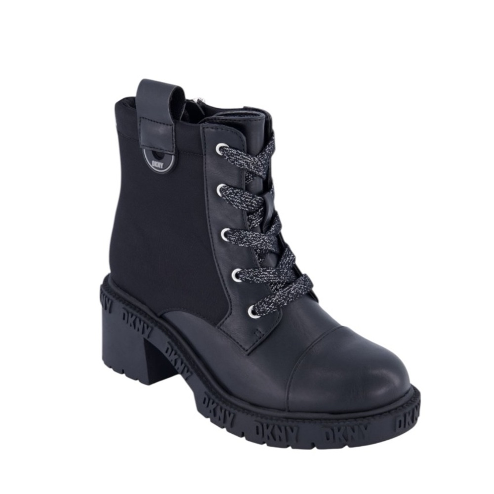 New in Box DKNY Girls Hayley Heeled Combat Boots Fall Winter Black with Silver‎
